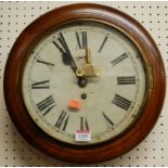 A Victorian mahogany circular school clock, having white painted 10" dial and winding key