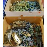 Two boxes containing a quantity of plastic and diecast figures and military vehicles, to include