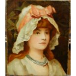 Early 20th century school - bust portrait of girl wearing lace bonnet, oil on canvas, unsigned and