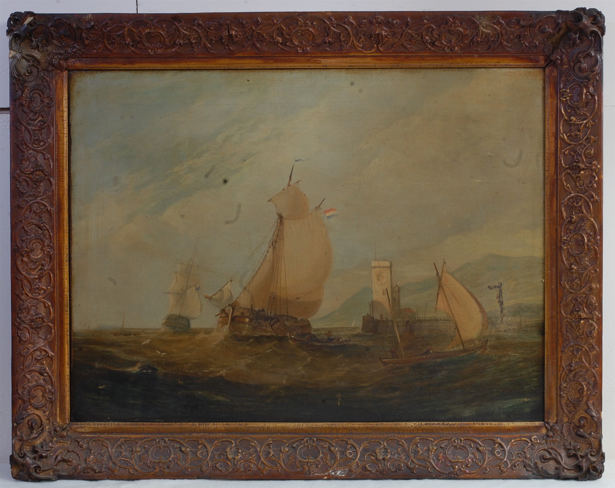 In the manner of Thomas Sewell Robbins (1810-1880) - Shipping off the harbour, oil on canvas, 47 x - Image 2 of 4