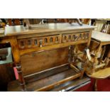 An oak and beech two drawer hall table; together with a further oak low dropflap gateleg