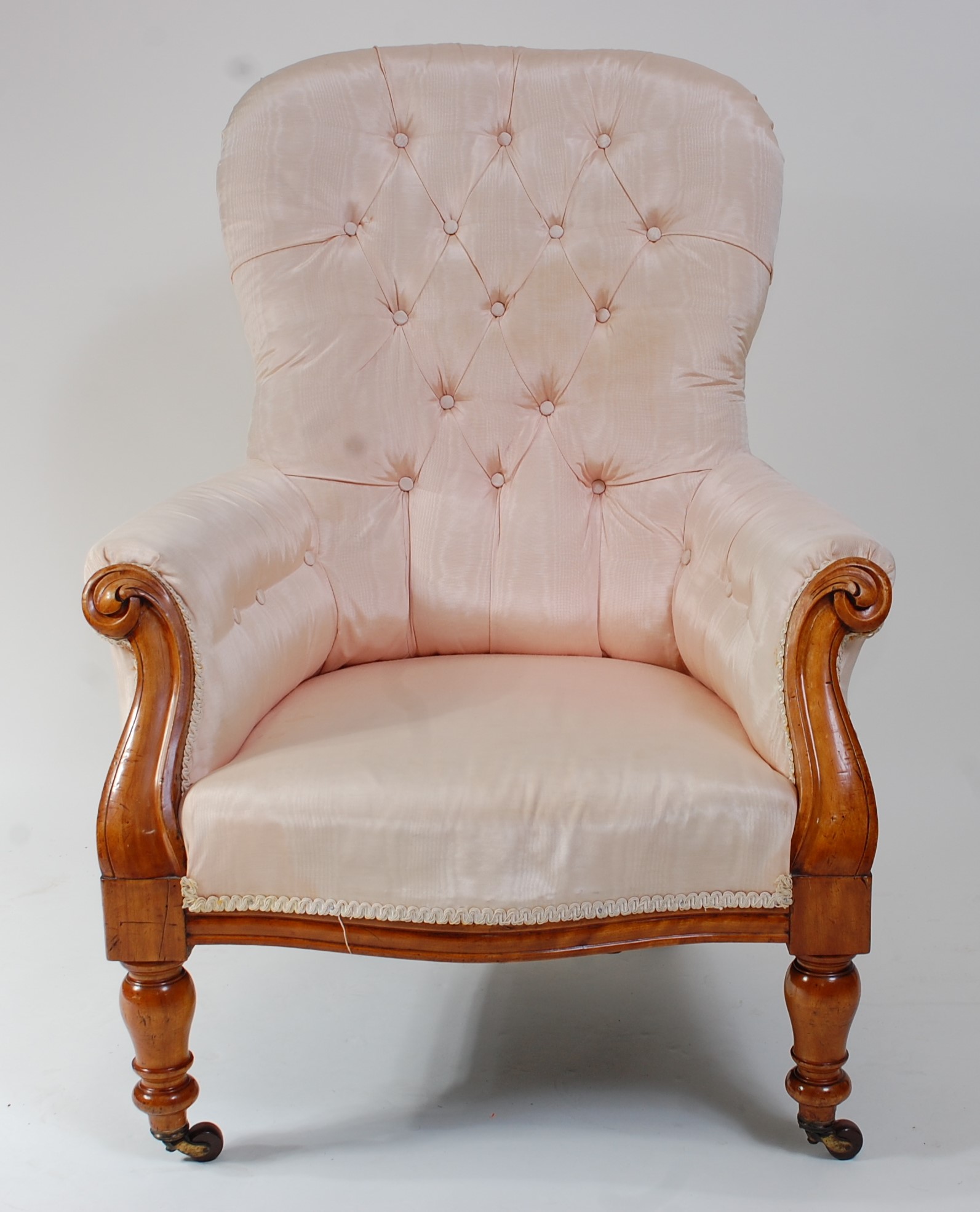 A Victorian mahogany framed spoonback armchair, the whole re-upholstered in a buttonback silk - Image 2 of 3