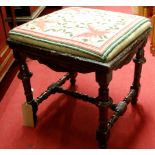 A 19th century stained fruitwood and floral tapestry embroidered dressing stool, w.47.5cm