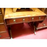 A 19th century mahogany and crossbanded dropleaf sofa table, having twin frieze drawers and raised