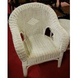 A pair of white painted wicker conservatory armchairs, together with a matching circular low