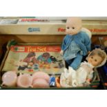 One box containing a quantity of mixed dolls and dolls accessories to include a Clifford Toys tea