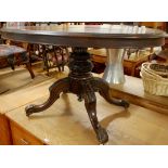 A mid-Victorian figured walnut oval tilt-top pedestal breakfast table, length 134cm