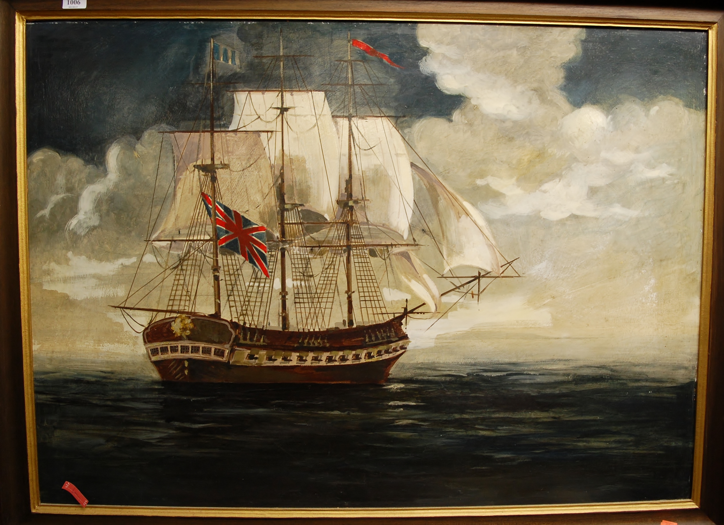 Contemporary school - three masted clipper ship off the coastline, oil on board, 65x90cm; and one