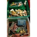 Two boxes containing a quantity of mixed plastic and lead hollowcast farming miniature figures, to