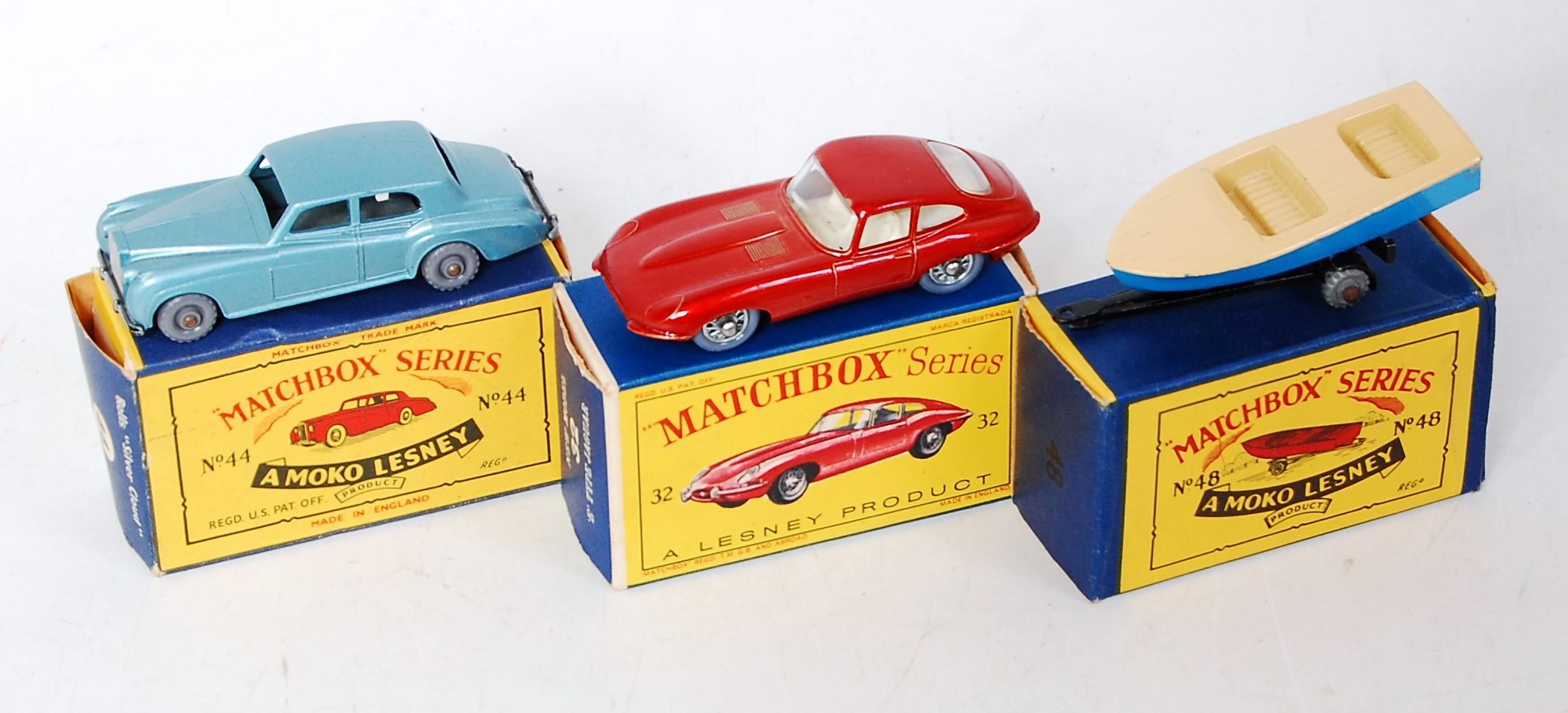 Three various boxed Matchbox 1/75 series diecasts to include No. 32 E-type Jaguar, No. 44 Rolls