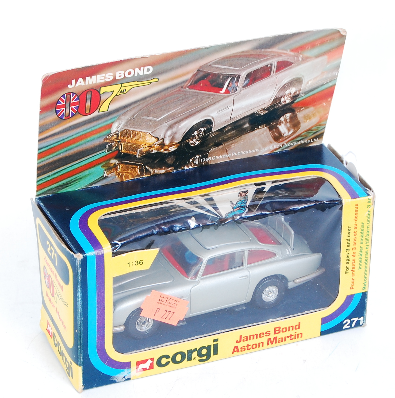 A Corgi Toys No. 271 James Bond Aston Martin, 1/36 scale comprising silver body with red interior,