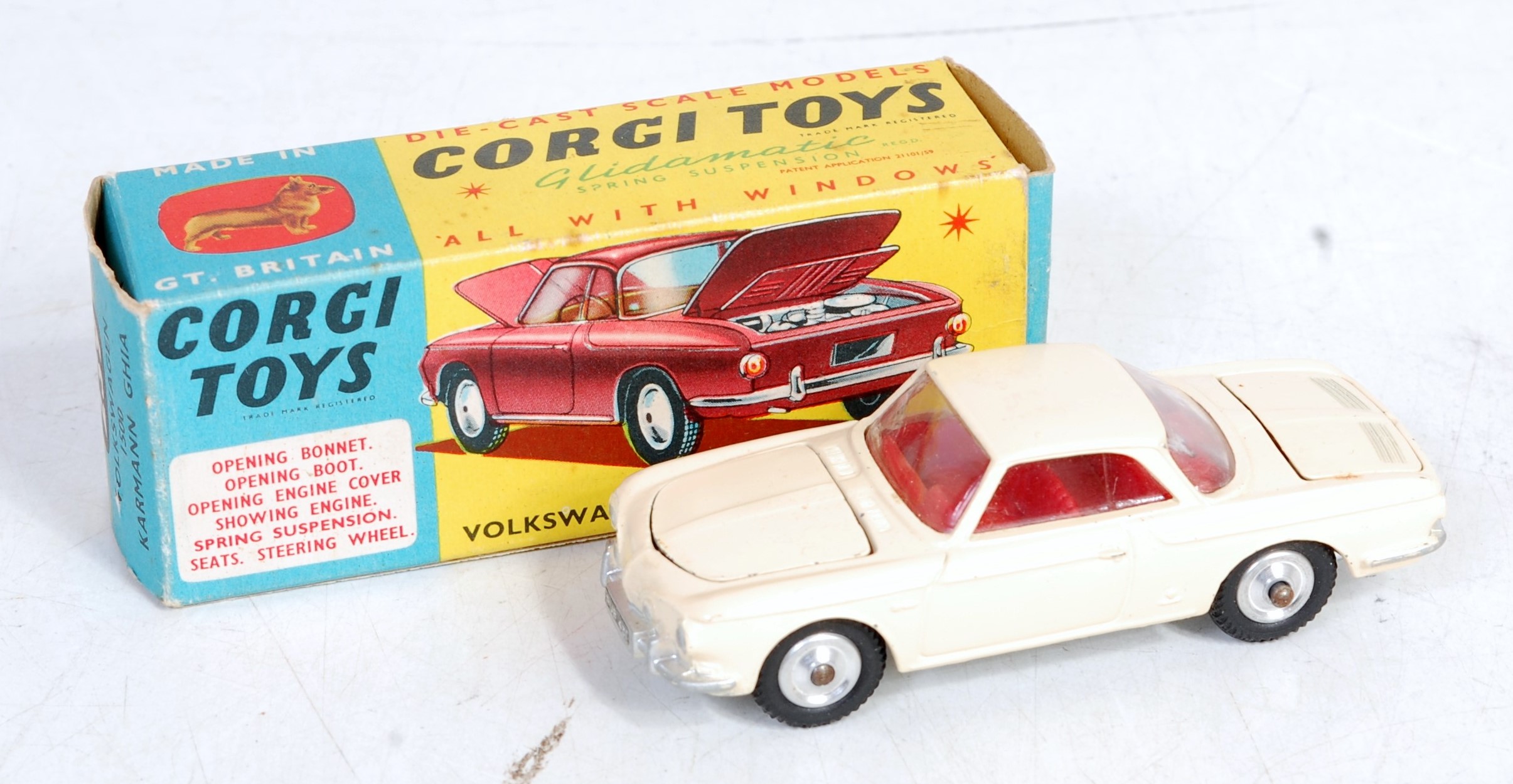 Corgi Toys, 239, Volkswagen 1500 Karmann Ghia, cream body with red interior and spun hubs, silver