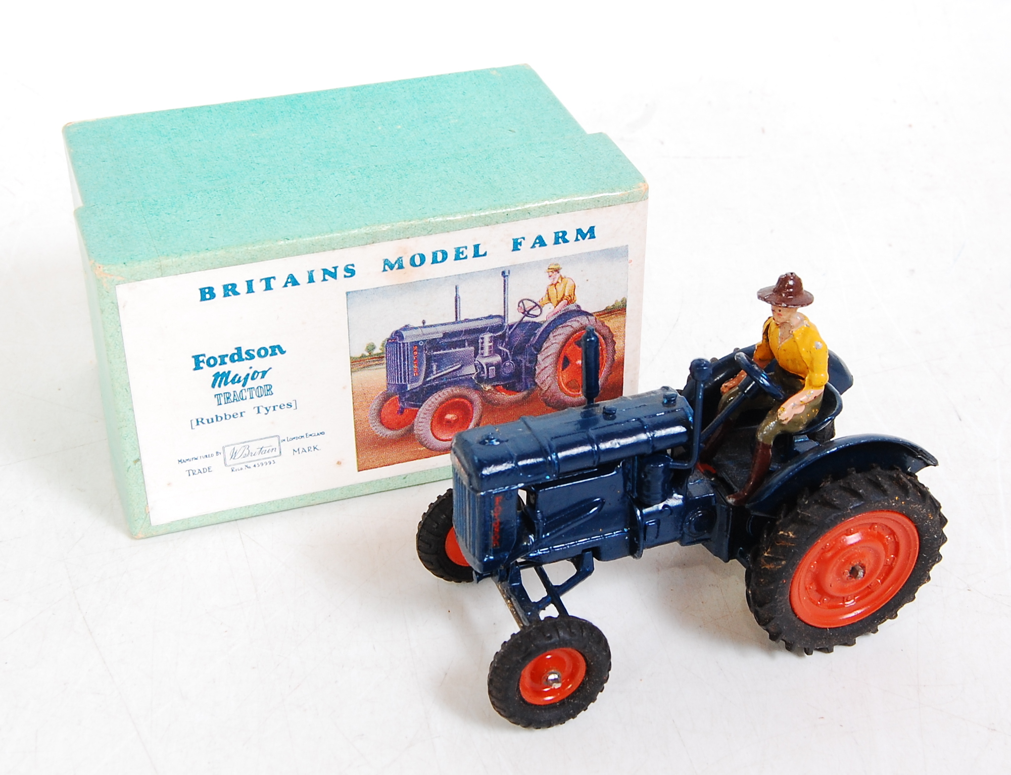 A Britains No. 128F Fordson Major tractor comprising blue body with orange hubs and rubber tyres