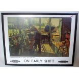 Framed and glazed reproduction print of Cuneo railway poster "On Early Shift" showing interior of