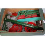 Large tray containing a good selection of red & green parts including 6” Pulley, long Angle Girders,