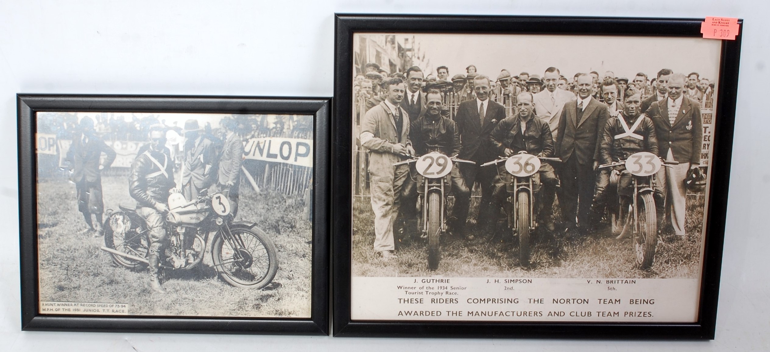 Two framed and glazed Junior TT and motorcycle photographs, one depicting P Hunt, winner at record