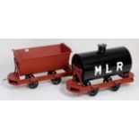 Pair of 5 inch gauge rolling stock, to include 2 axle water tank wagon "MLR" with plastic barrel