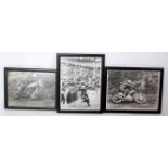 Three various motorcycle racing prints, one depicting Dave Bickers competing at a motocross race,