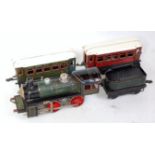 Karl Bub 0-4-0 Clockwork Locomotive and Tender, finished in green with red spoked wheels, needs