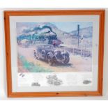 A Cuneo framed and glazed print titled "Bentley v the Blue Train", dated 1970 and housed in an