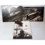 Three various black & white pictures on hardboard depicting various railway scenes, one example to