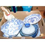A box containing a quantity of mainly blue and white ceramics; together with two table lamps