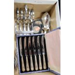 A cased set of six mid 20th century silver handled tea knives together with a pair of Mappin &