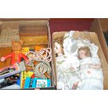 Two boxes containing a quantity of mixed toys, games and dolls to include Russian diecasts, Bayko