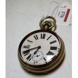 An early 20th century nickel cased Goliath pocket watch, having an enamelled dial with Roman