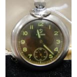 A Service nickel cased open faced pocket watch, having black dial with luminous Arabic markers and