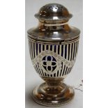 A George V silver pedestal muffineer, of pierced urn shape, having a blue glass liner, by the