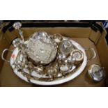 A single box of various silver plated items to include large twin handled tray, tobacco jar,