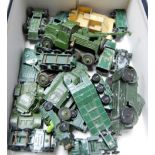 A box of assorted loose and playworn diecast toy military vehicles to include Lonestar armoured car,