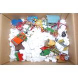 A box of assorted loose and playworn farm yard vehicles and implements