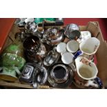 Two boxes of miscellaneous china, to include silver lustre teawares, a large Thomas Forrester Old