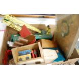 A single box of tinplate and wooden toys to include tinplate truck, tinplate train, wooden bomber