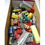 A box of assorted loose and playworn diecast toy vehicles to include Matchbox Lesney fire pumper
