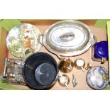 A box of miscellaneous items, to include Victorian silver plated four bottle cruet stand, silver