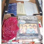 Two boxes of miscellaneous magazines to include Speedway Gazette, photomosaics, jigsaw puzzle, etc