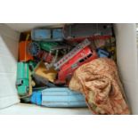 A box of assorted loose and playworn diecast toy vehicles to include Dinky Supertoys fire truck,