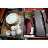 A box of miscellaneous items, to include Limoges part tea service, cased Victorian silver plated