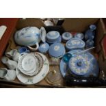 A box of miscellaneous items, to include Wedgwood blue jasper ware trinket jar and cover, figure