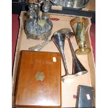 A box of miscellaneous items, to include silver plated four bottle cruet, and a pair of cased silver