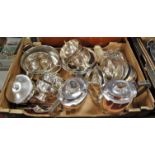 A box of miscellaneous silver plated wares, to include three-piece tea service, toast-rack, berry
