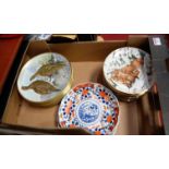 A box of miscellaneous china, to include various Imari pattern plates, Franklin porcelain game birds