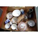 A box of miscellaneous items, to include Chinese Canton style teacup and saucer, German miniature