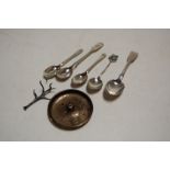 A Victorian Scottish silver spoon; together with various souvenir spoons; teaspoons; and a ring tree