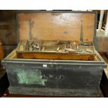A late 19th century painted pine hinged top tool chest containing sundry contents, titled with