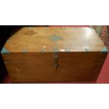 An Eastern camphor wood and metal bound hinge-top tool chest, with end carry handles, w.88.5cm