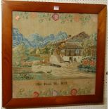 A Victorian landscape tapestry embroidery by Mary Nuttalls, dated 1853, 55.5 x 56.5cm